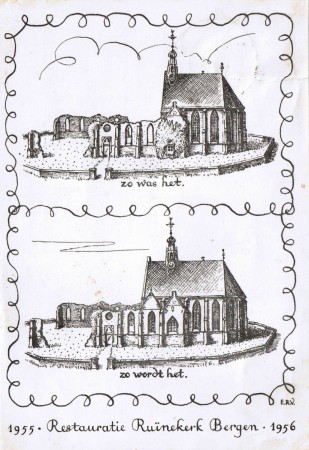 HVB FO 00948  Prentbriefkaart Ruïnekerk voor en na de restauratie
